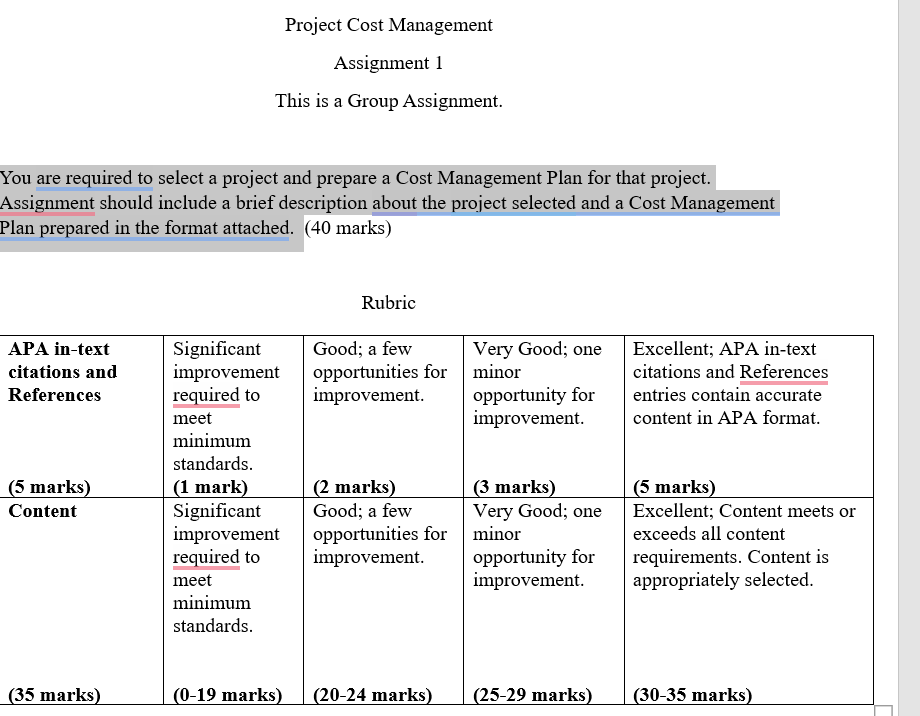  Project Cost Management Assignment 1 This is a Group Assignment. You