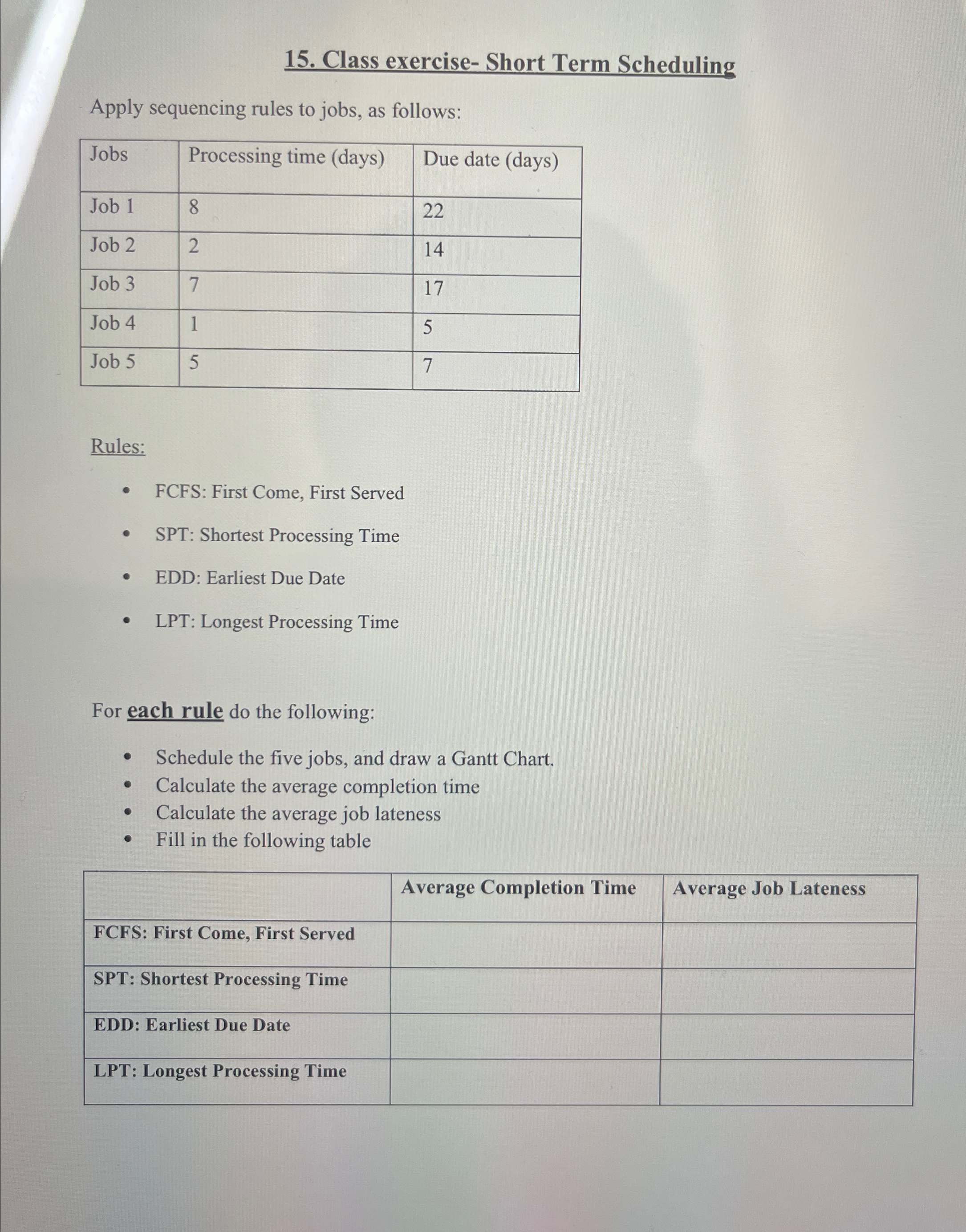  Class exercise- Short Term Scheduling Apply sequencing rules to jobs, as