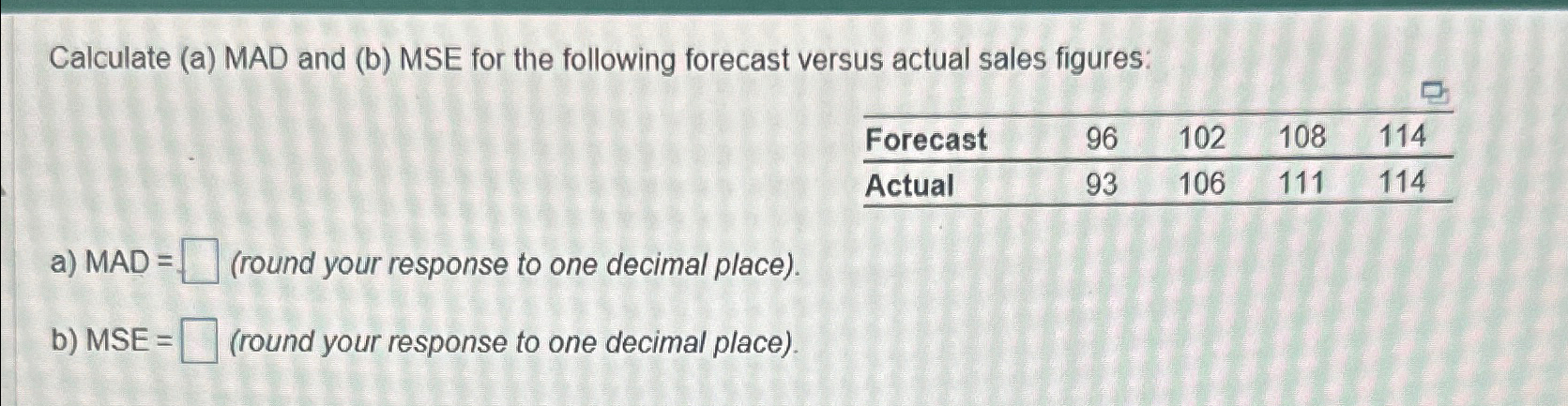  Calculate (a) MAD and (b) MSE for the following forecast versus