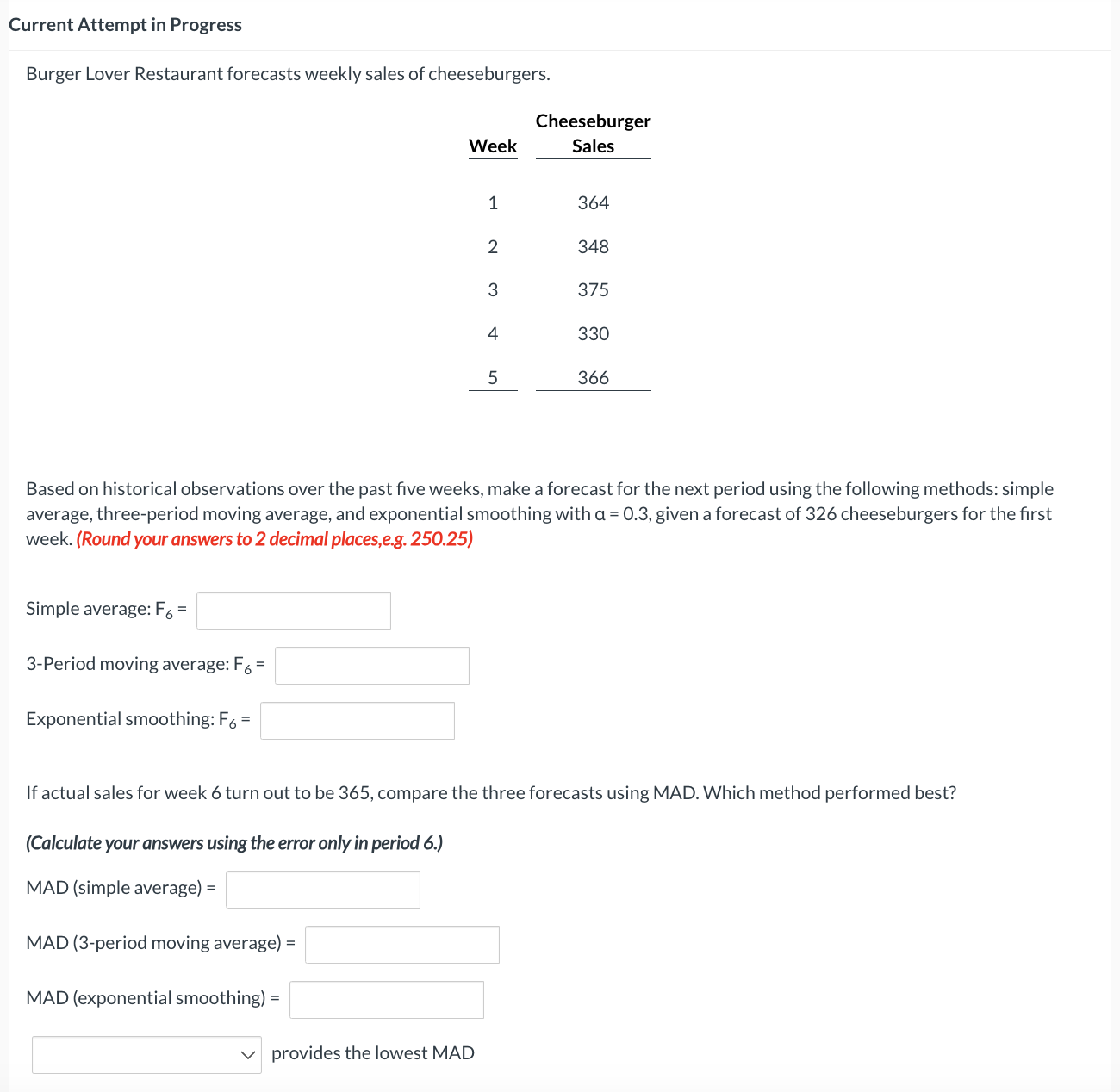  Current Attempt in Progress Burger Lover Restaurant forecasts weekly sales of