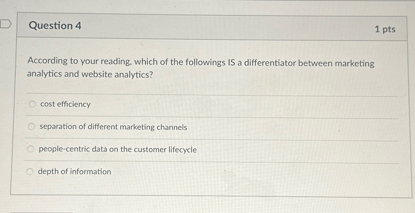  Question 4 1pts According to your reading, which of the followings