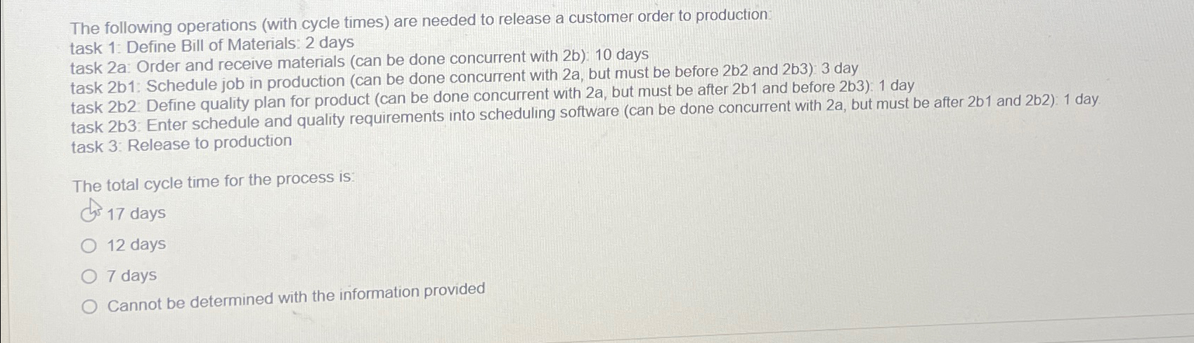  The following operations (with cycle times) are needed to release a