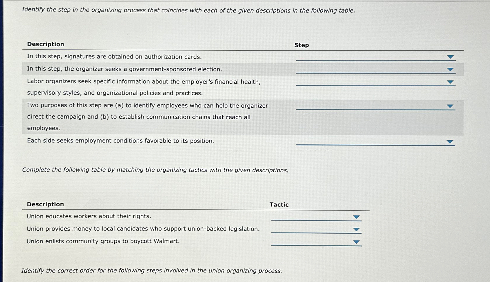  Identify the step in the organizing process that coincides with each