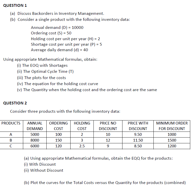  QUESTION 1 (a) Discuss Backorders in Inventory Management. (b) Consider a