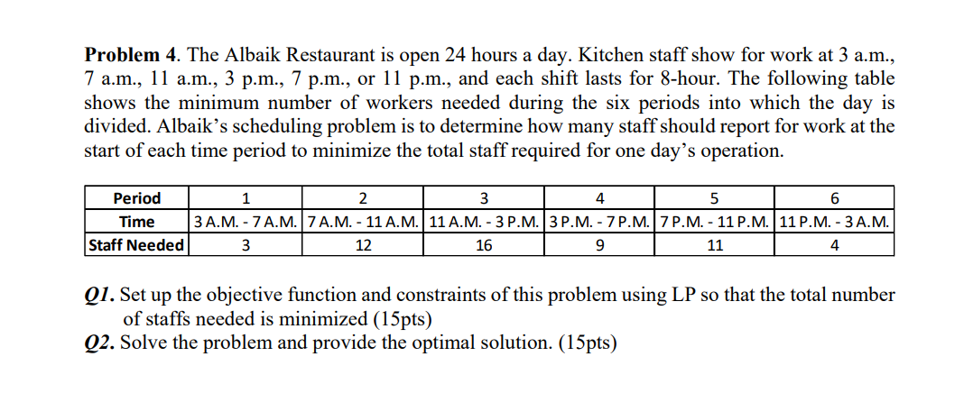  Problem 4. The Albaik Restaurant is open 24 hours a day.