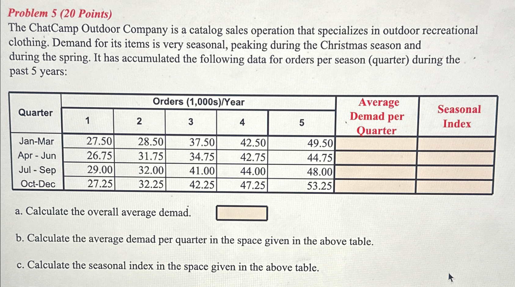  Problem 5(20 Points) The ChatCamp Outdoor Company is a catalog sales