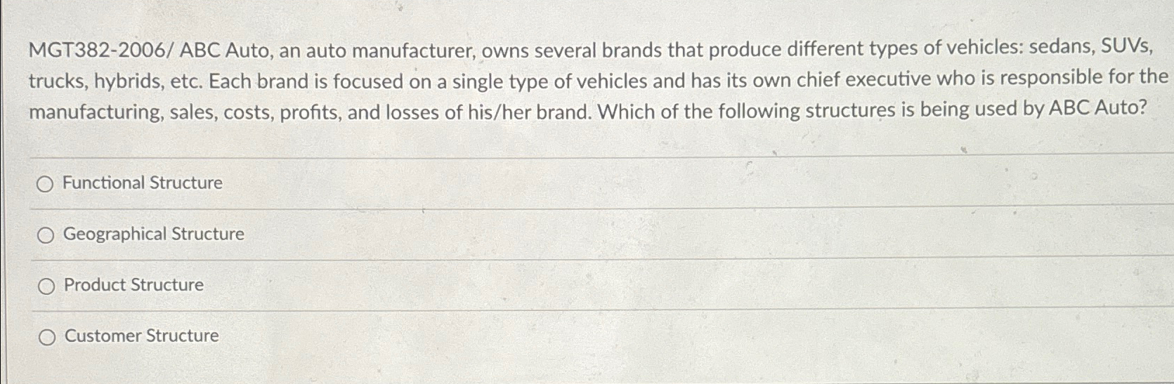  MGT382-2006/ ABC Auto, an auto manufacturer, owns several brands that produce