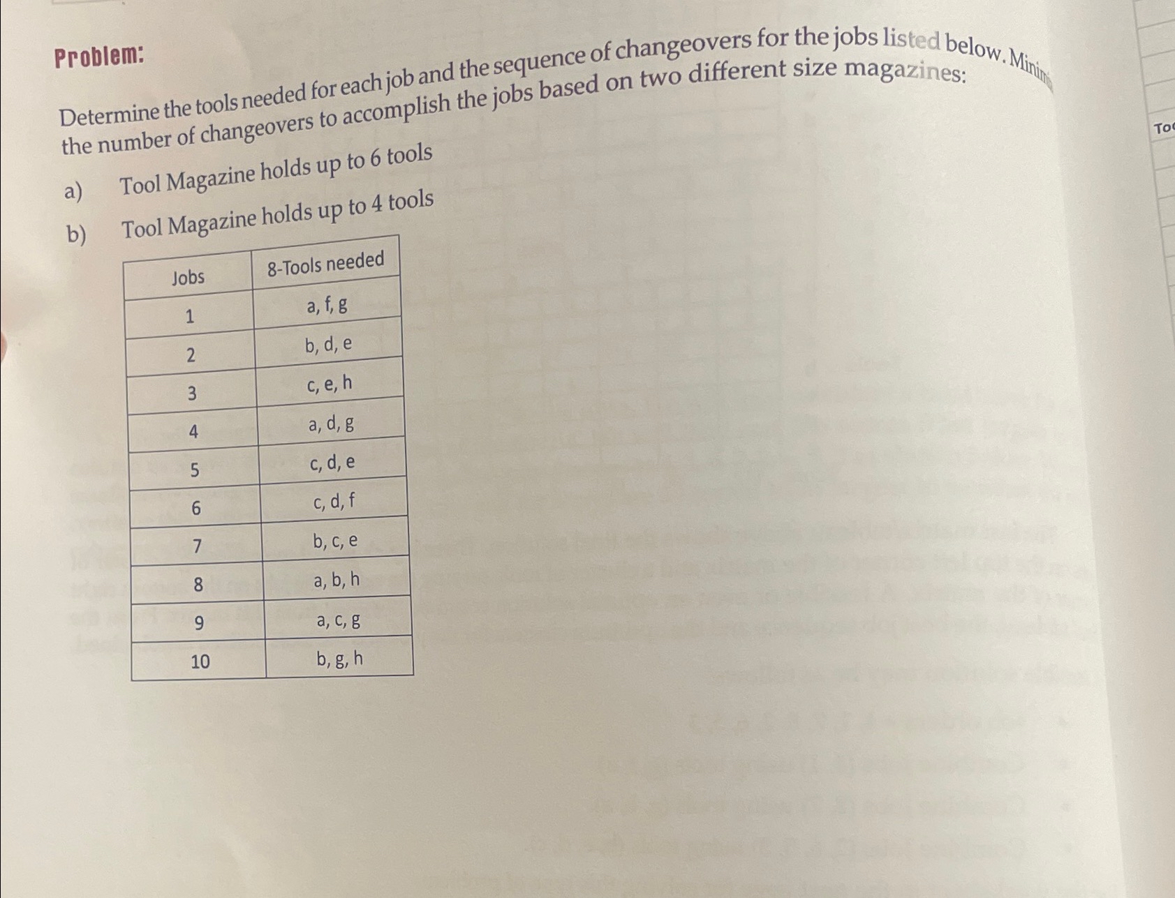  Problem: Determine the tools needed for each job and the sequence