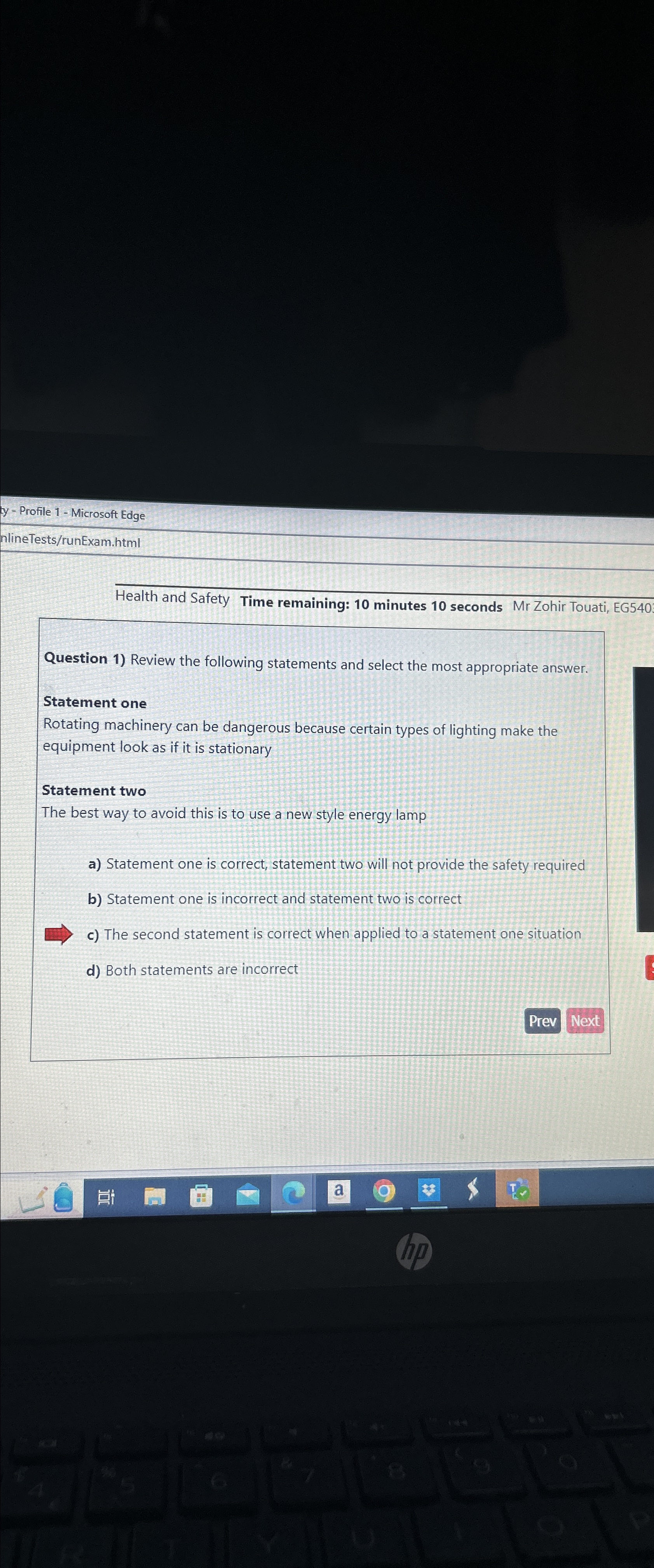  ty - Profile 1- Microsoft Edge nlineTests/runExam.html Health and Safety Time