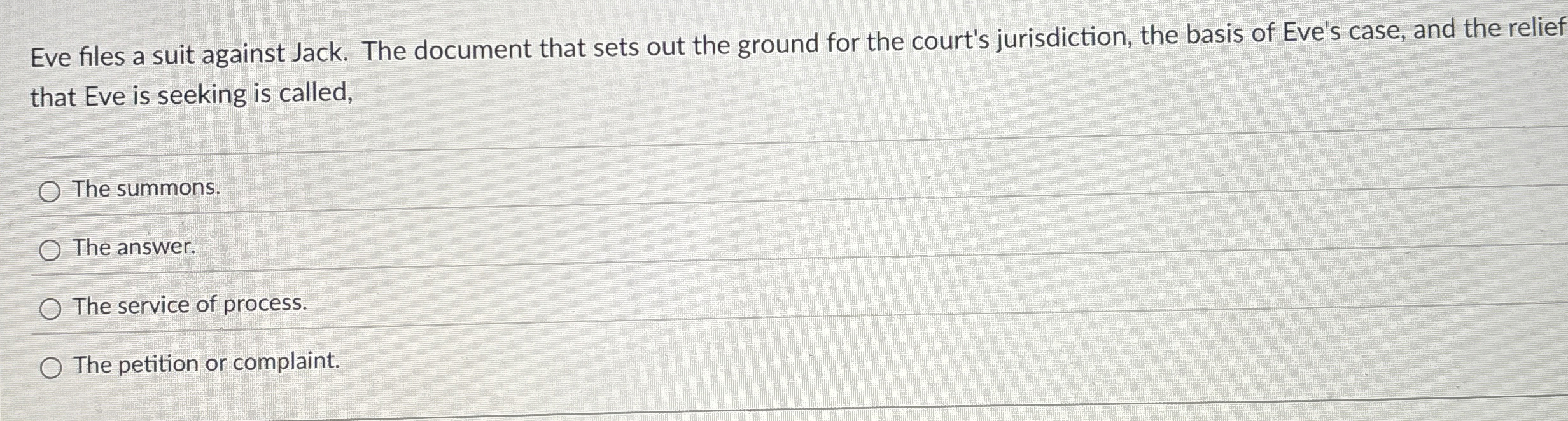  Eve files a suit against Jack. The document that sets out