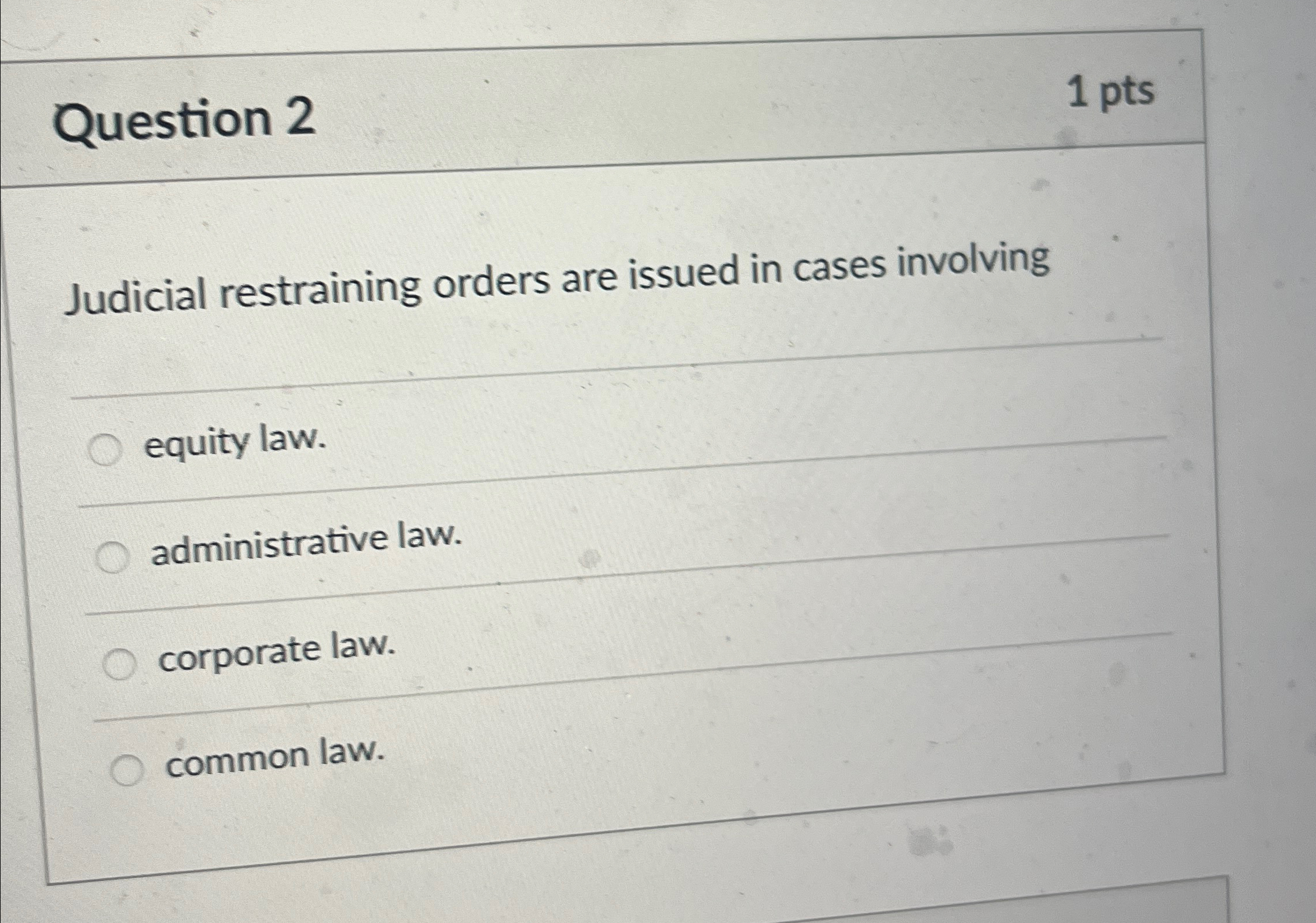  Question 2 1 pts Judicial restraining orders are issued in cases