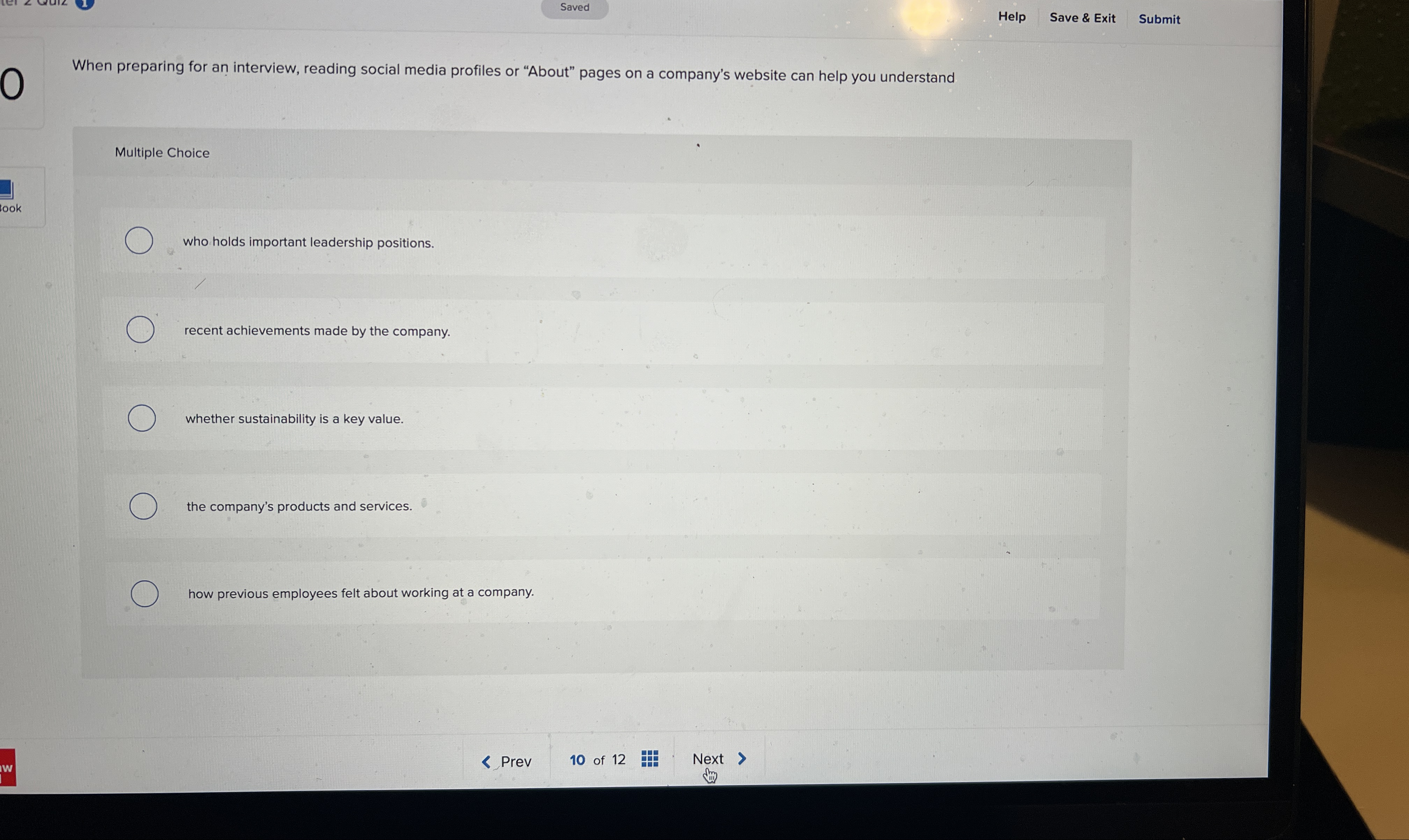  Help Save & Exit Submit When preparing for an interview, reading