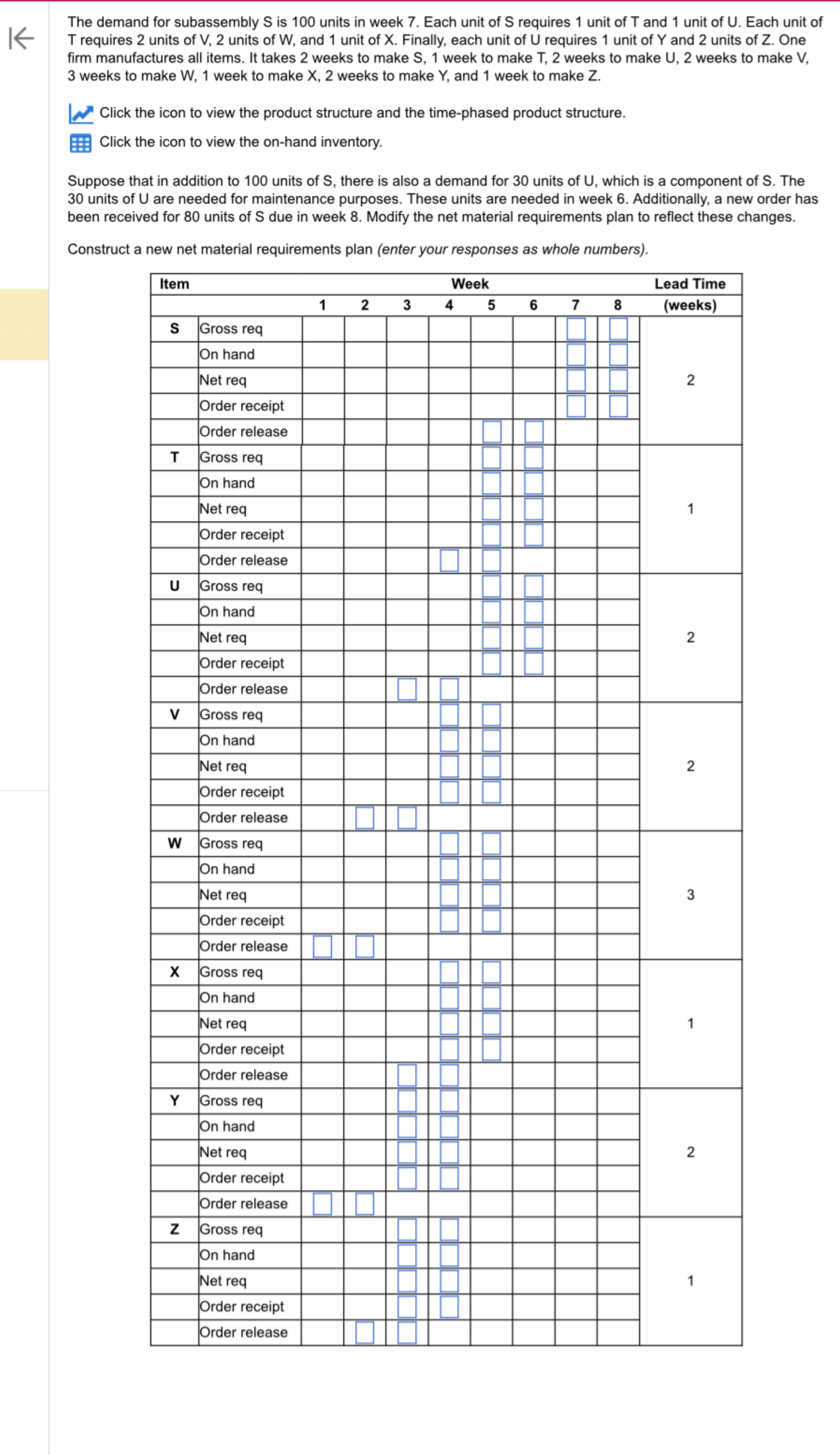  The demand for subassembly S is 100 units in week 7.