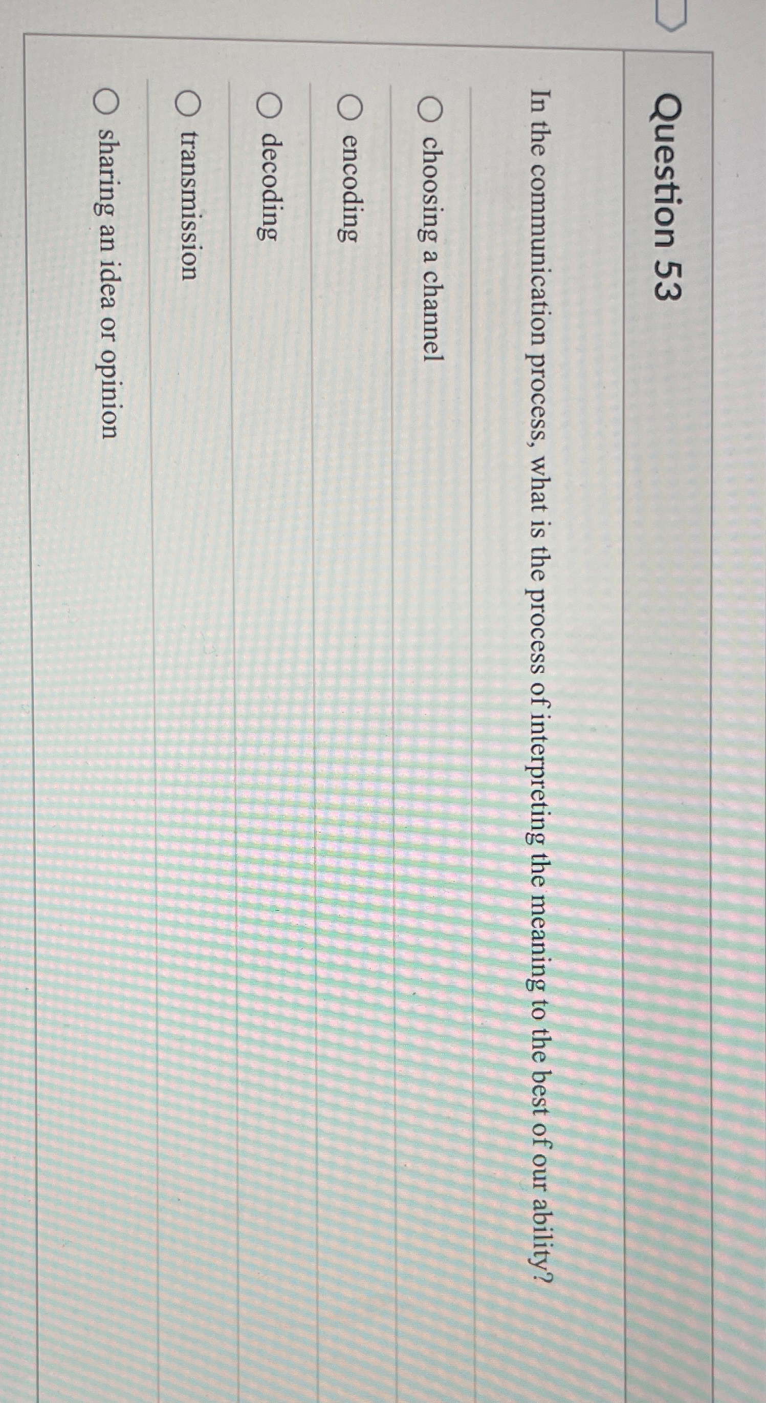  Question 53 In the communication process, what is the process of