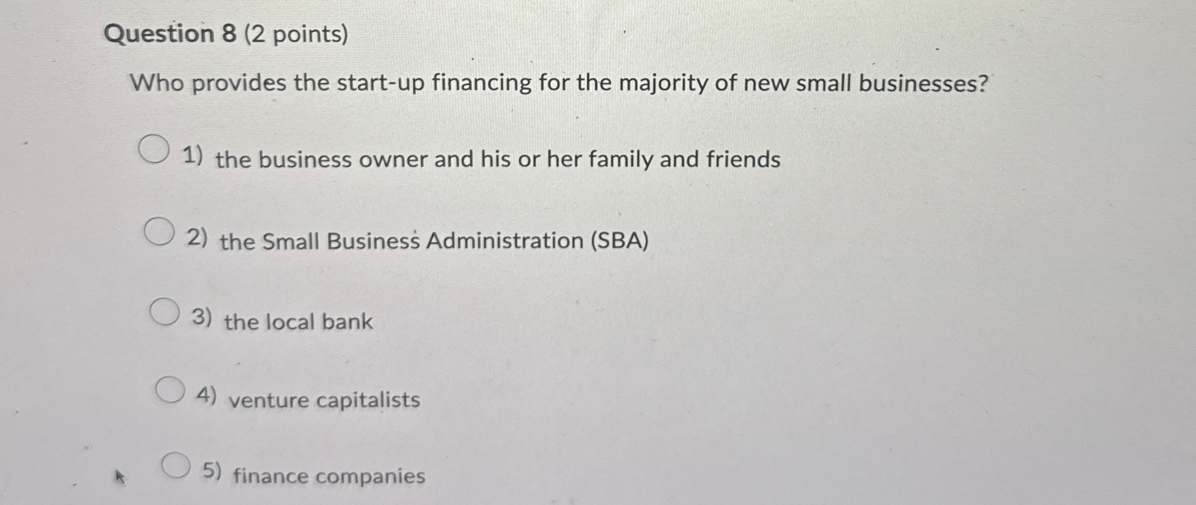  Question 8(2 points) Who provides the start-up financing for the majority