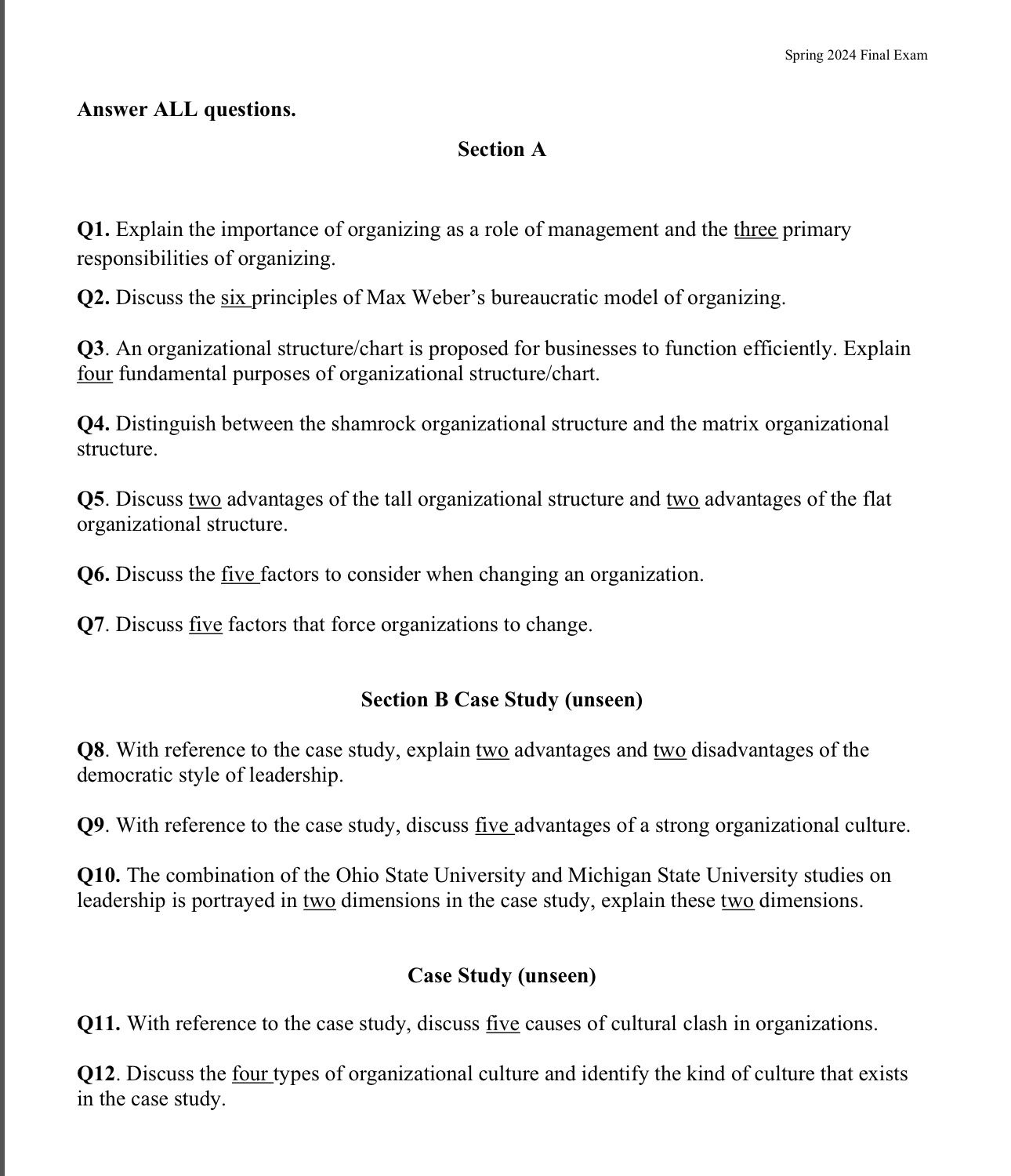  Spring 2024 Final Exam Answer ALL questions. Section A Q1. Explain