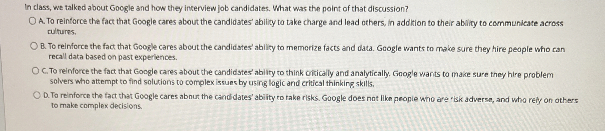  In class, we talked about Google and how they interview job