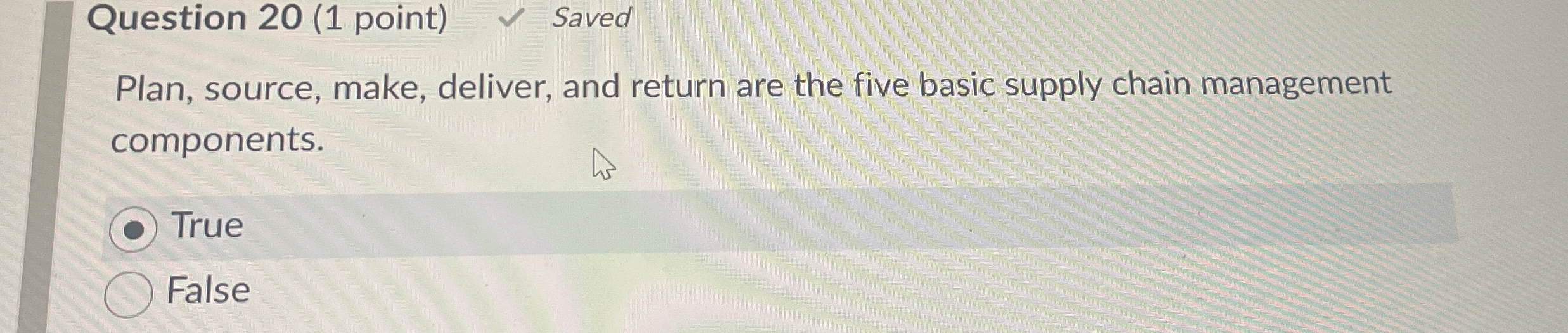  Question 20(1 point) Plan, source, make, deliver, and return are the