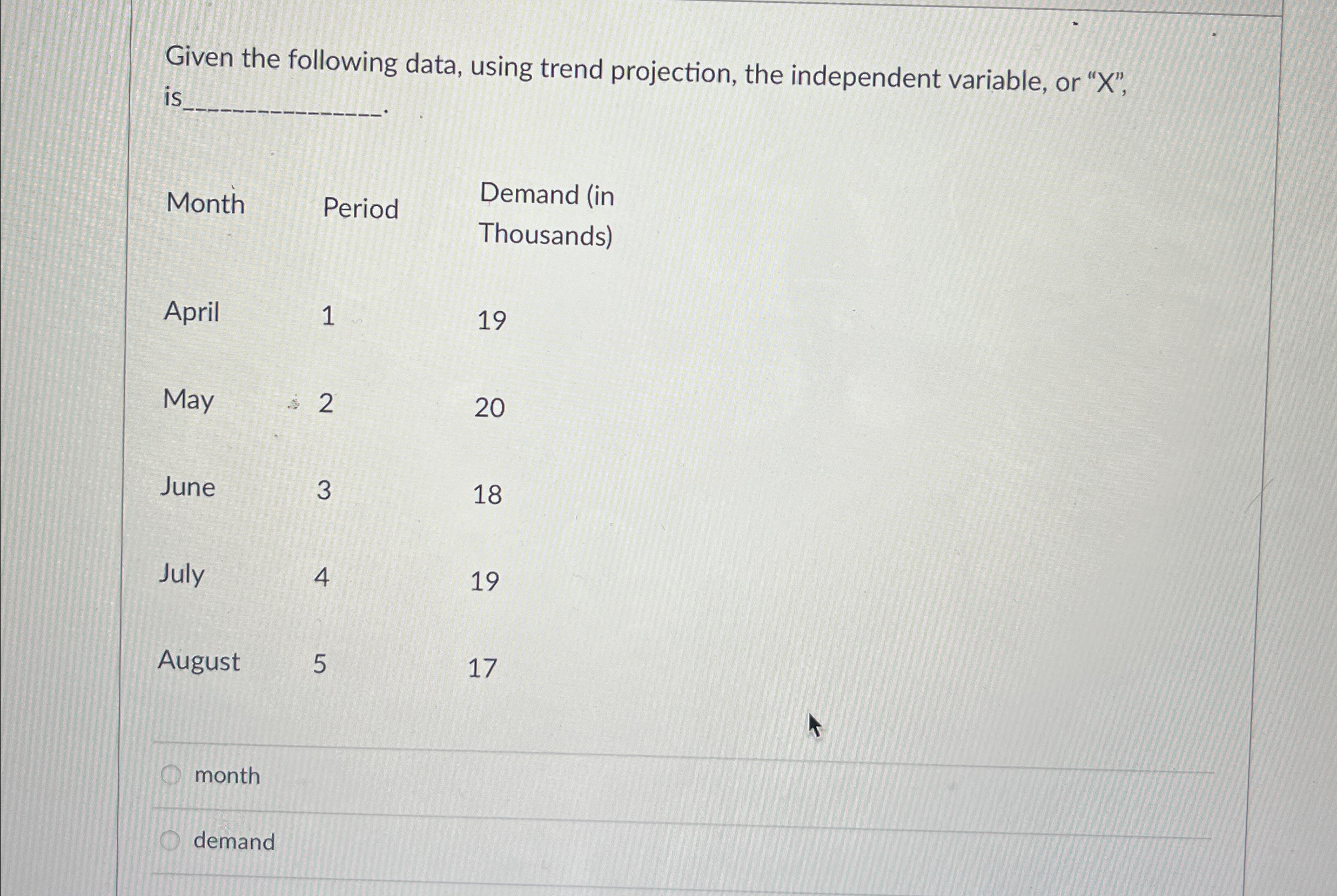  Given the following data, using trend projection, the independent variable, or
