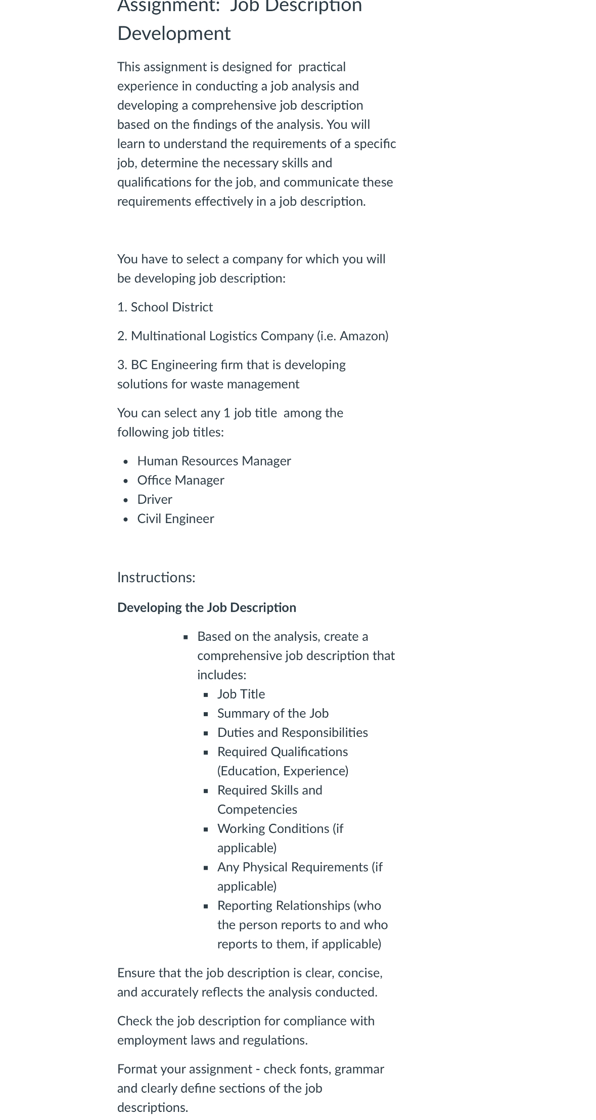  Assignment: Job Description Development This assignment is designed for practical experience