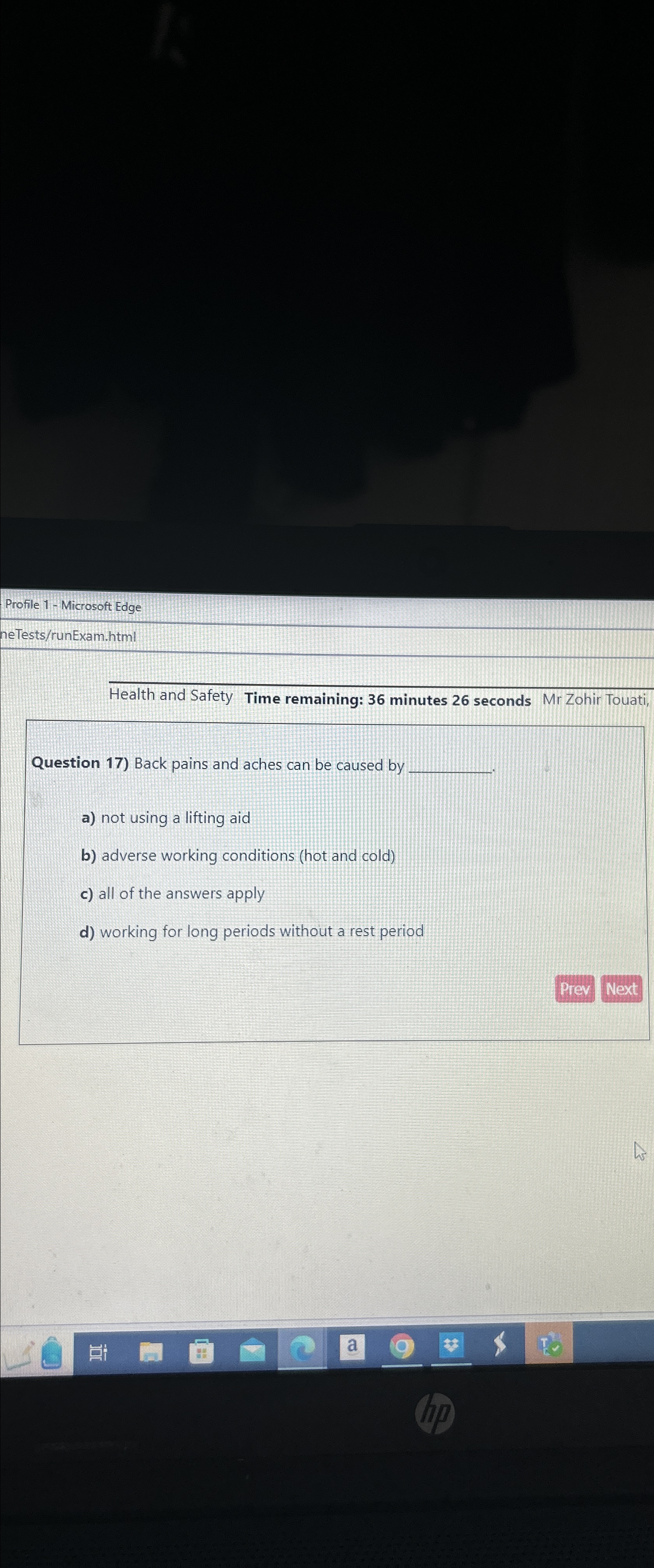  Profile 1- Microsoft Edge neTests/runExam,html Health and Safety Time remaining: 36