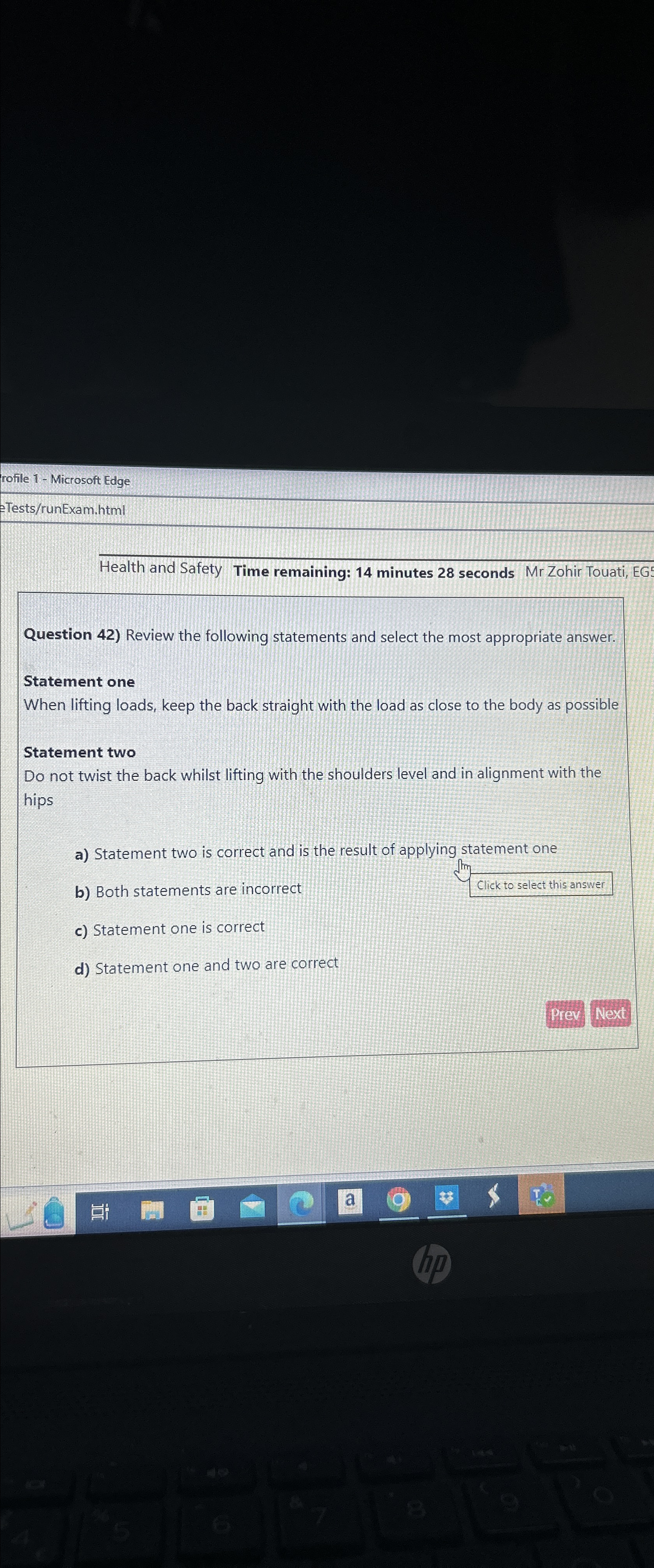  rofile 1- Microsoft Edge eTests/runExam.html Health and Safety Time remaining: 14