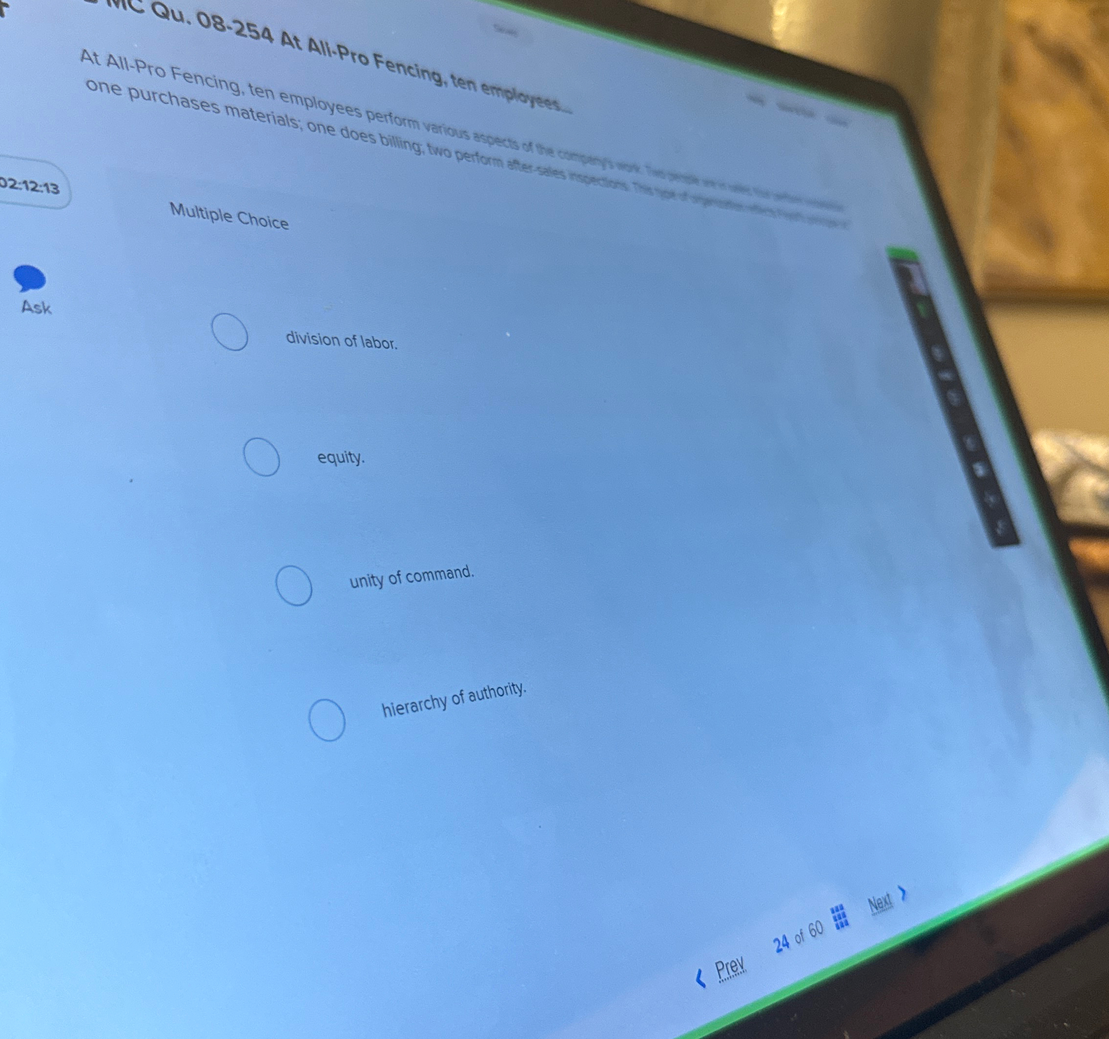  Qu.08.254 At All.Pro Fencing, ten employees. 02:12:13 Ask division of labor.