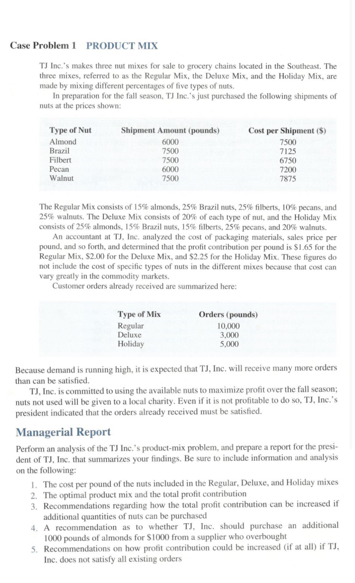 Case Problem 1 PRODUCT MIX TJ Inc.'s makes three nut mixes