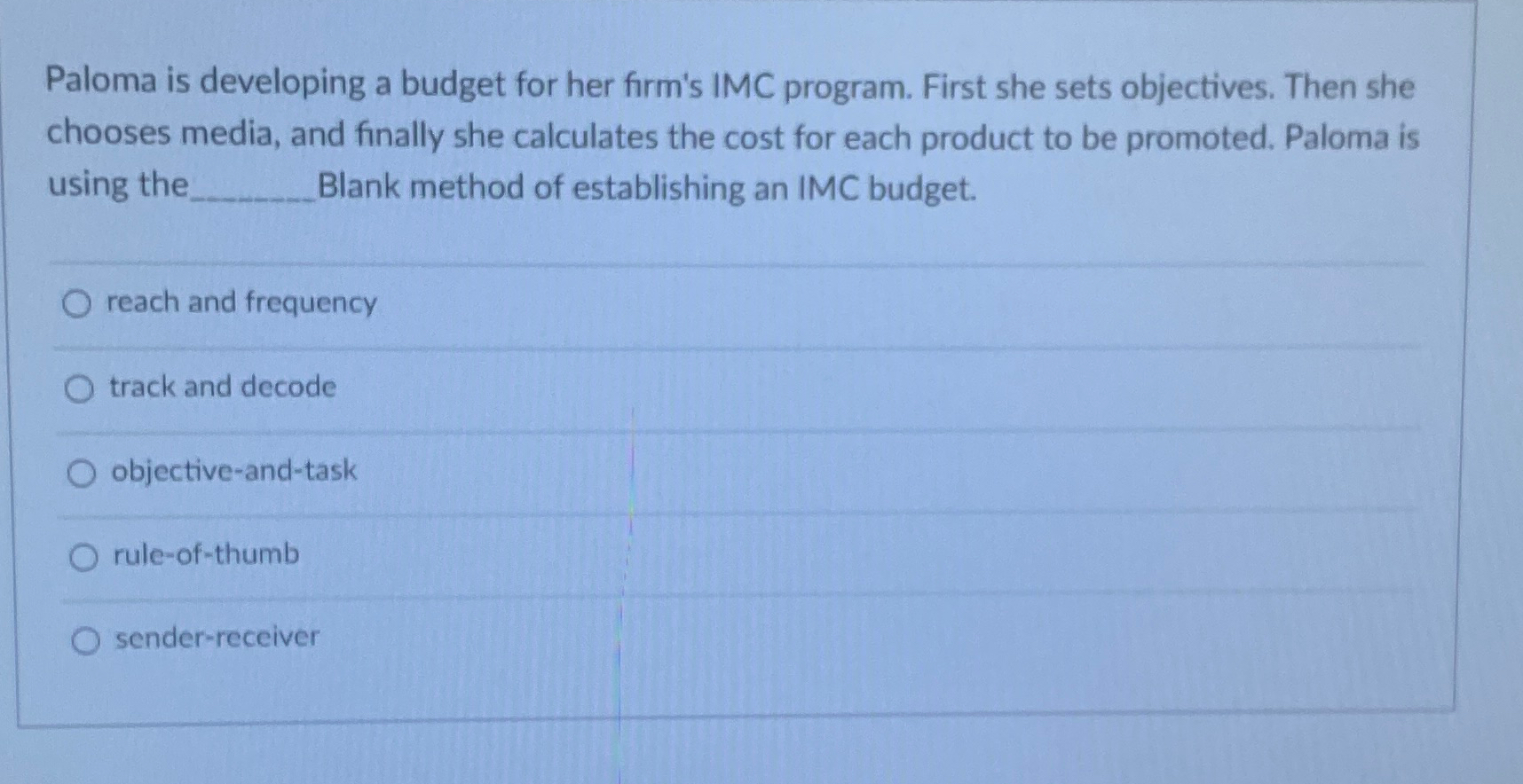  Paloma is developing a budget for her firm's IMC program. First