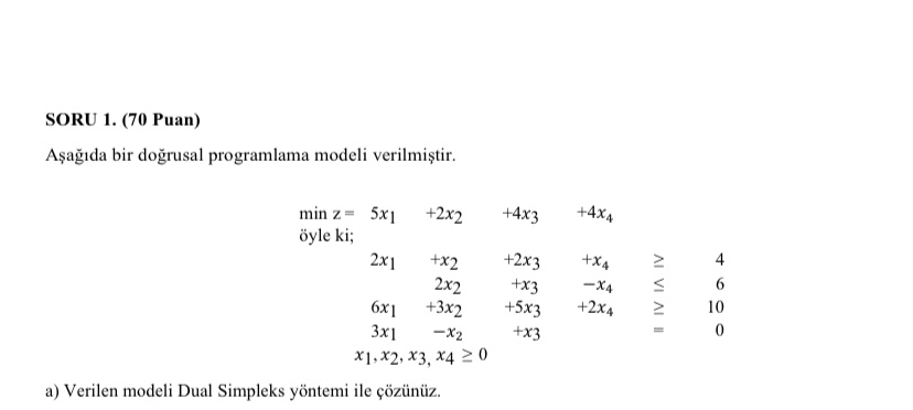  SORU 1.(70 Puan) Aada bir dorusal programlama modeli verilmitir. minz=,5x1,+2x2,+4x3,+4x4, yleki;