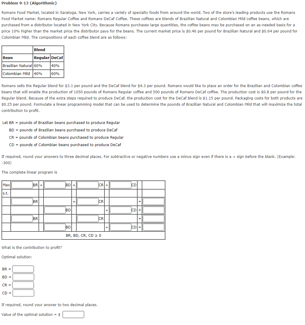  Problem 9-13(Algorithmic) Romans Food Market, located in Saratoga, New York, carries