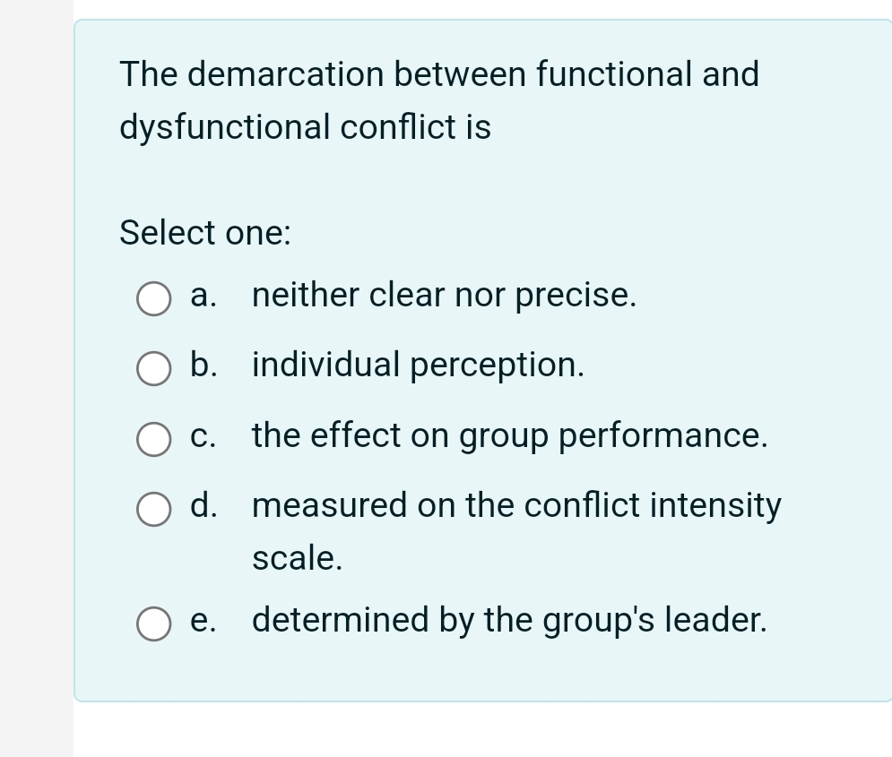 The demarcation between functional and dysfunctional conflict is Select one: a.