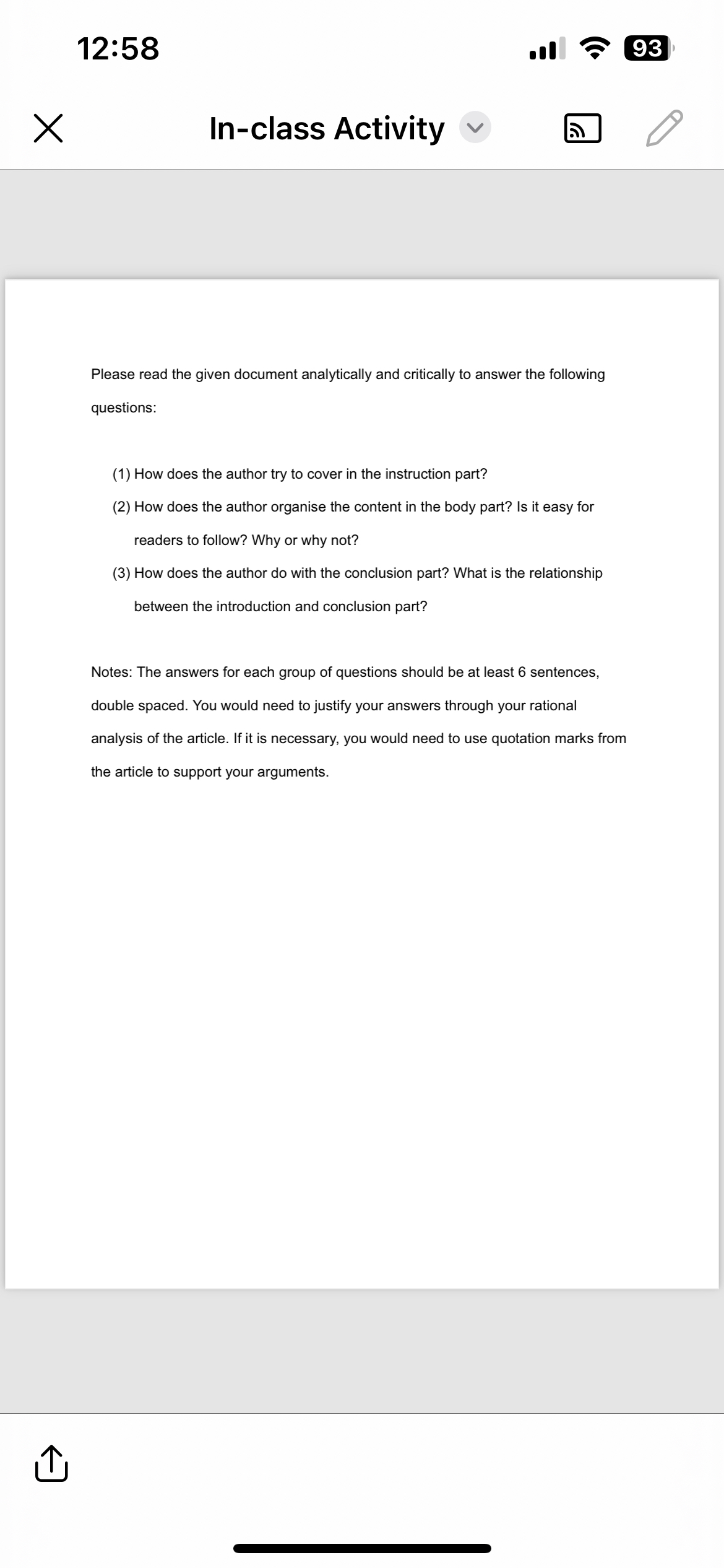  12:58 .1~~93 In-class Activity Please read the given document analytically and