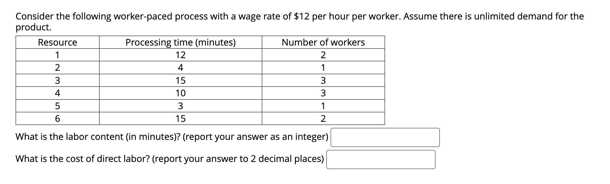  Consider the following worker-paced process with a wage rate of $12