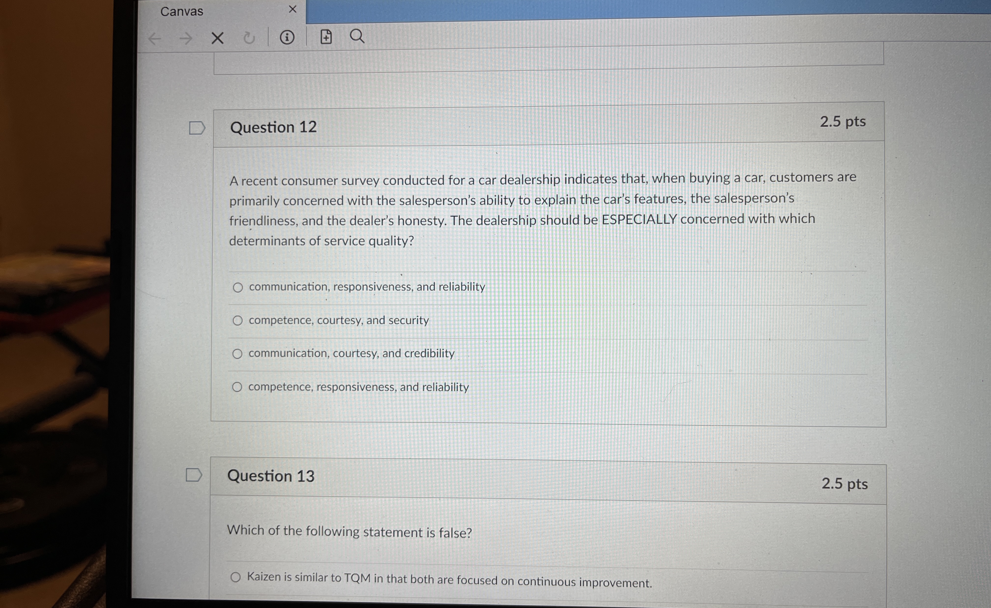  Canvas Question 12 2.5pts A recent consumer survey conducted for a