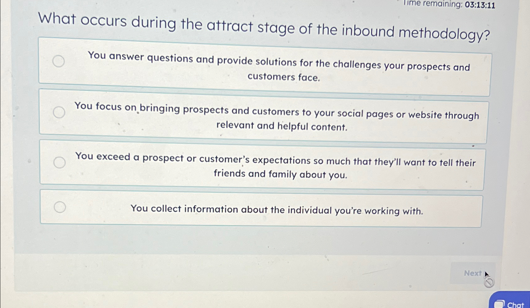  TIme remaining: 03:13:11 What occurs during the attract stage of the