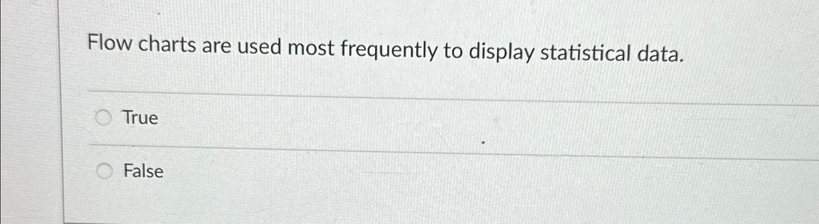  Flow charts are used most frequently to display statistical data. True