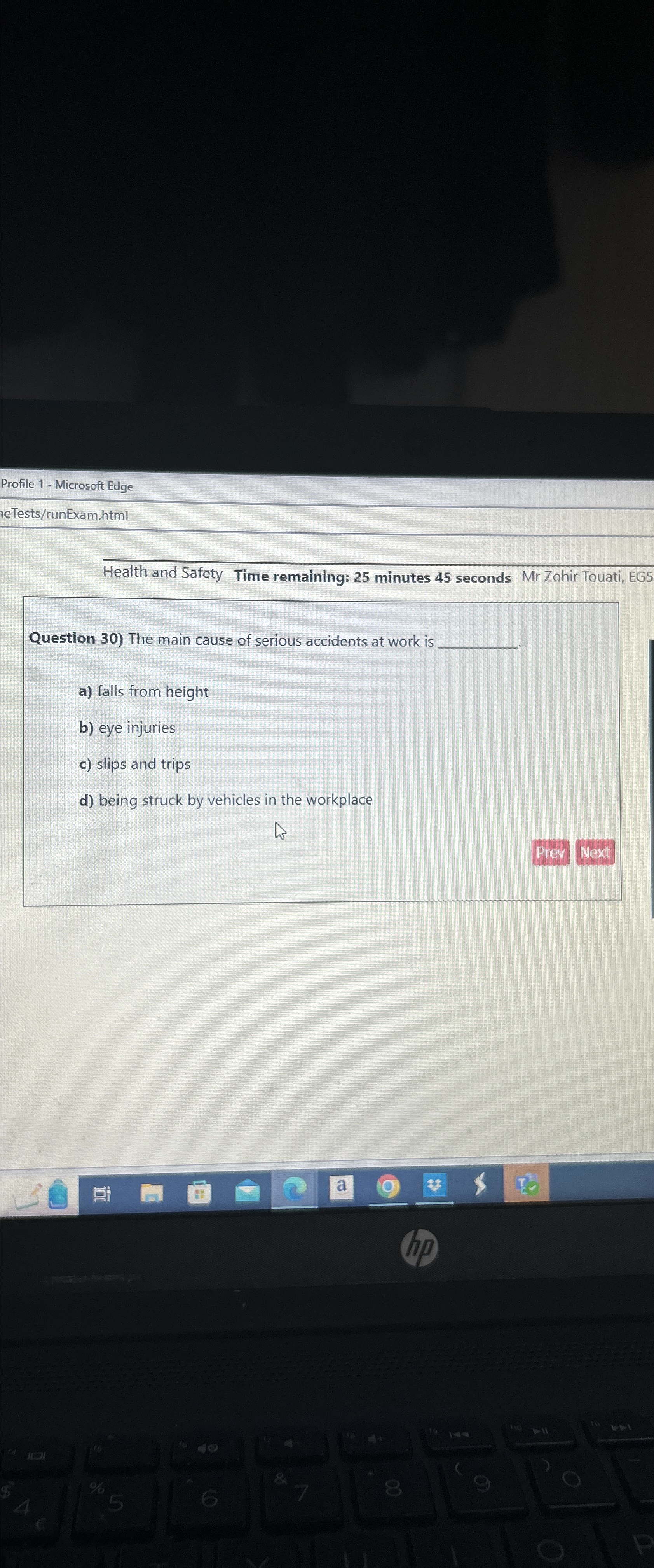  Profile 1- Microsoft Edge heTests/runExam.html Health and Safety Time remaining: 25
