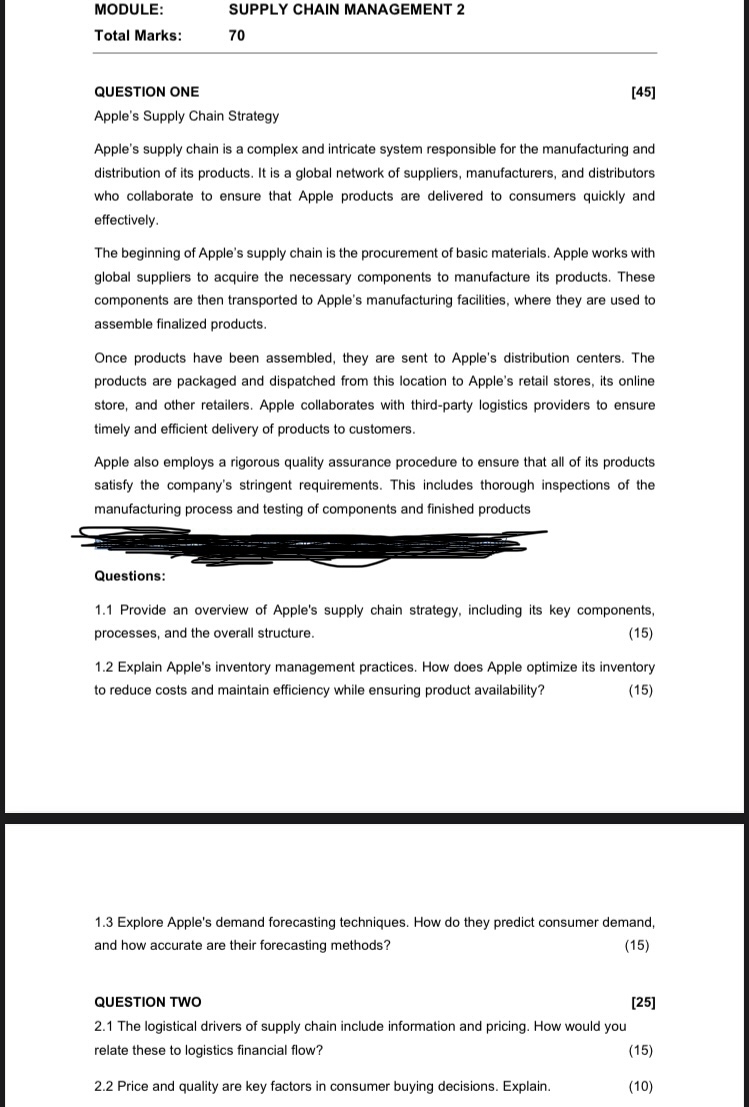  MODULE: SUPPLY CHAIN MANAGEMENT 2 Total Marks: 70 QUESTION ONE [45]