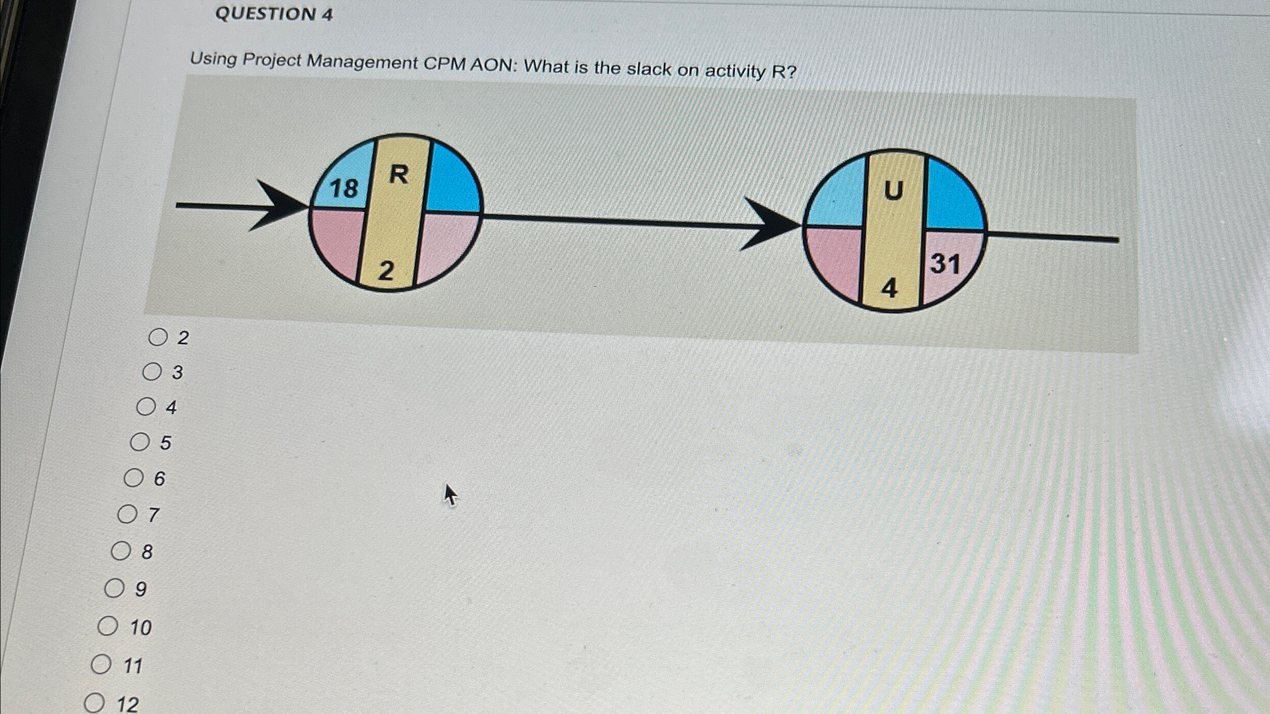  QUESTION 4 Using Project Management CPM AON: What is the slack