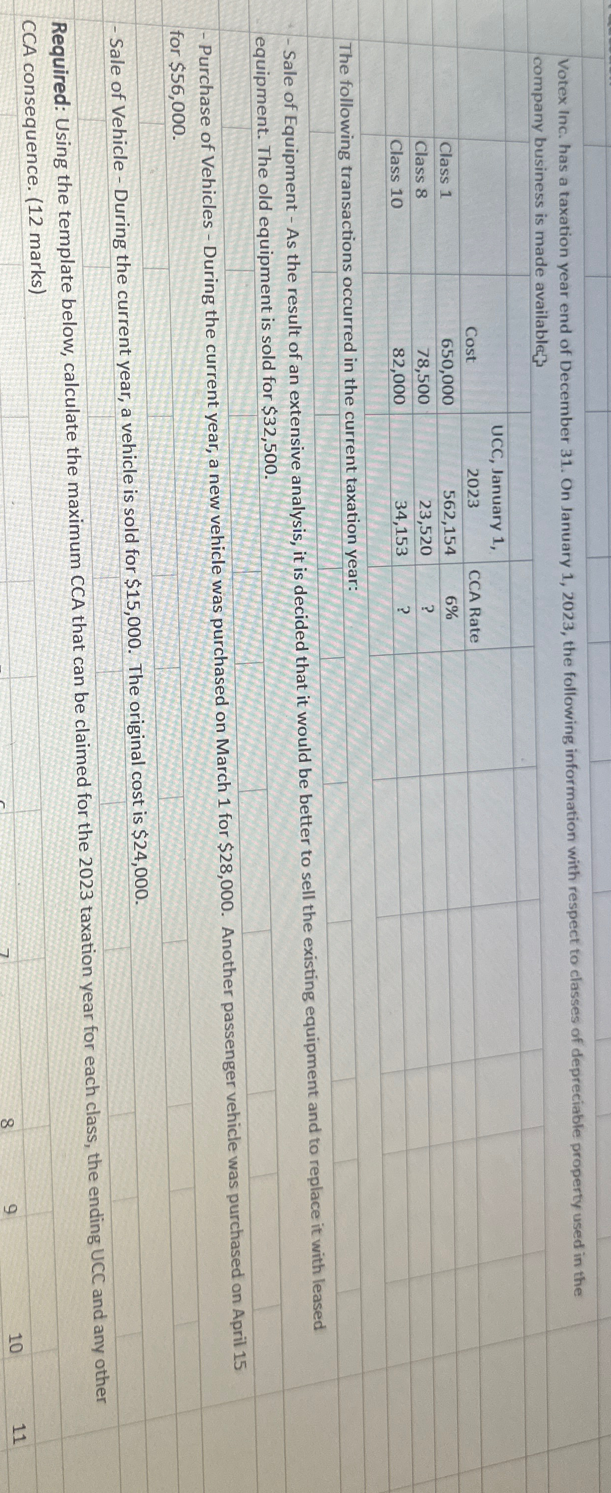  company business is made available \table[[,,UCC, January 1,,],[,Cost,2023,CCA Rate],[Class 1,650,000,562,154,6% 