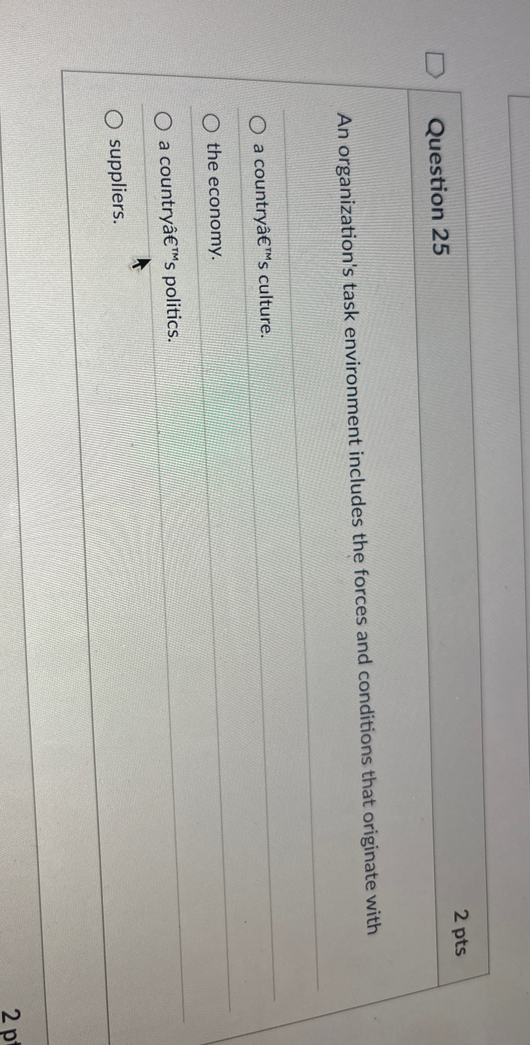  Question 25 An organization's task environment includes the forces and conditions