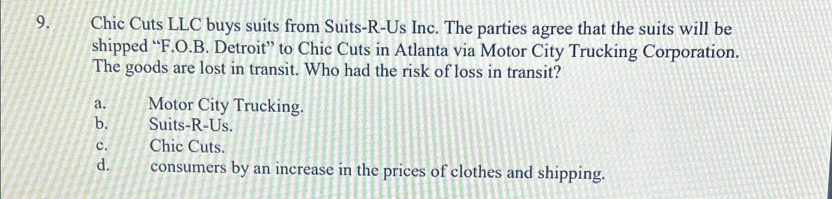  Chic Cuts LLC buys suits from Suits-R-Us Inc. The parties agree