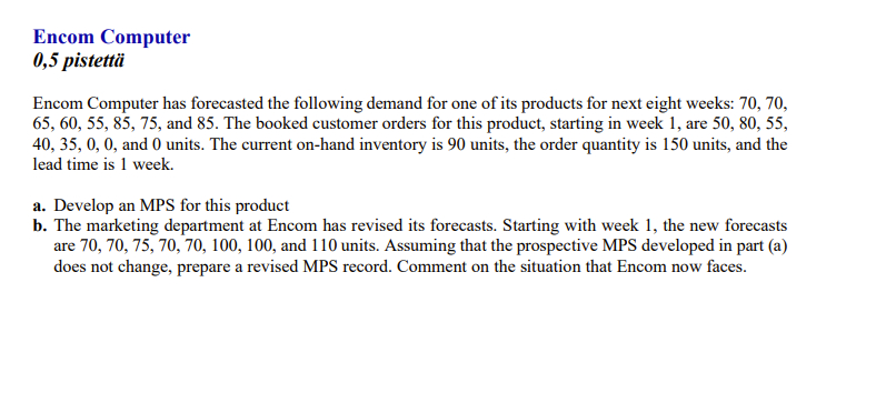 Encom Computer 0,5 pistett Encom Computer has forecasted the following demand