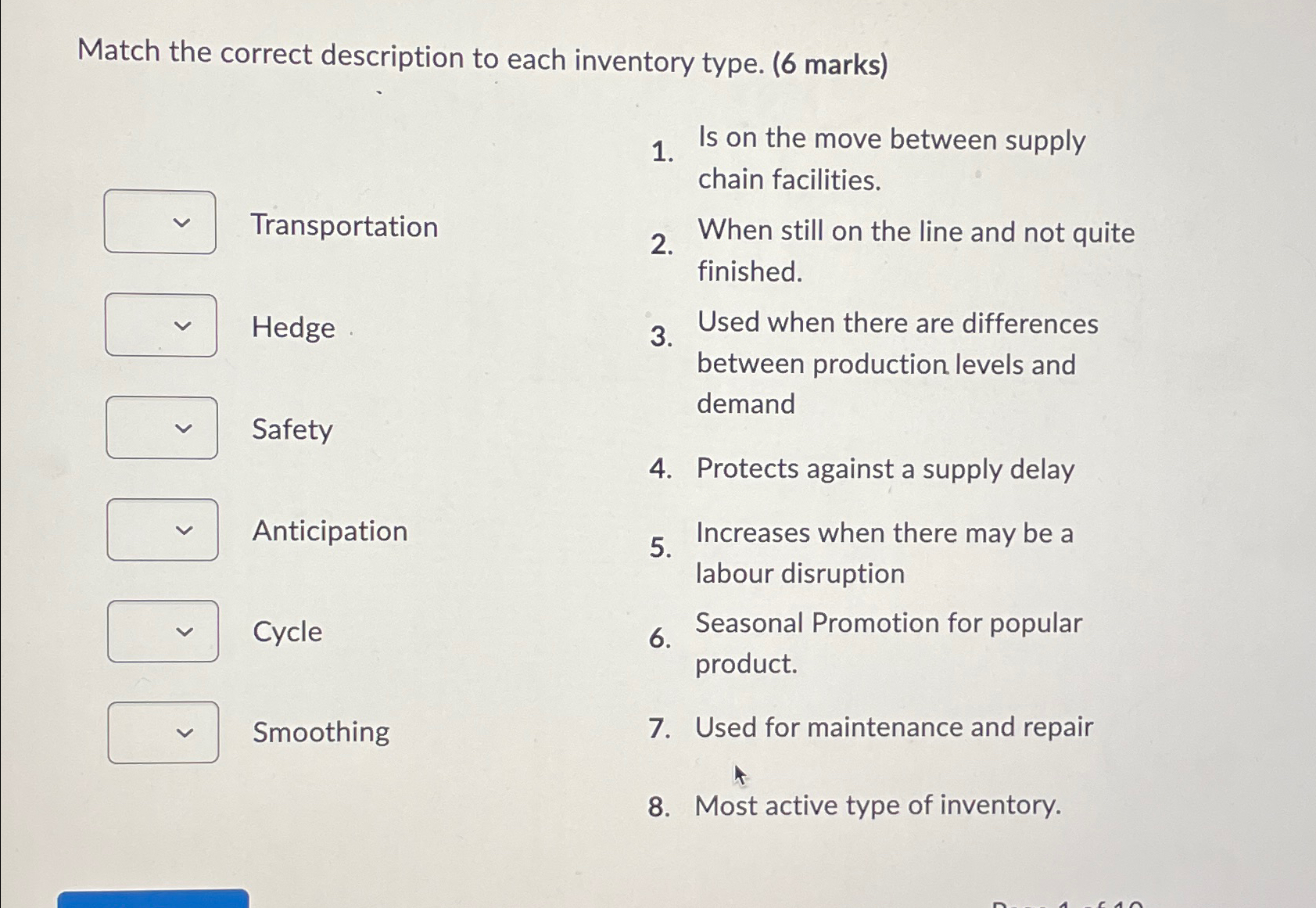  Match the correct description to each inventory type. (6 marks) Is