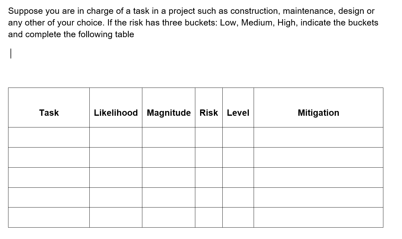  Risk management Please fill the table with an example project. 