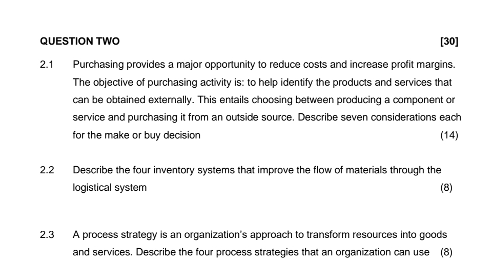  QUESTION TWO [30] 2.1 Purchasing provides a major opportunity to reduce
