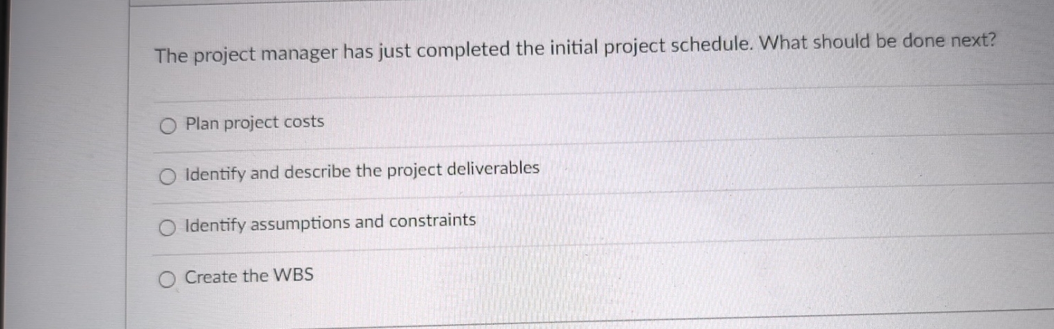 The project manager has just completed the initial project schedule. What