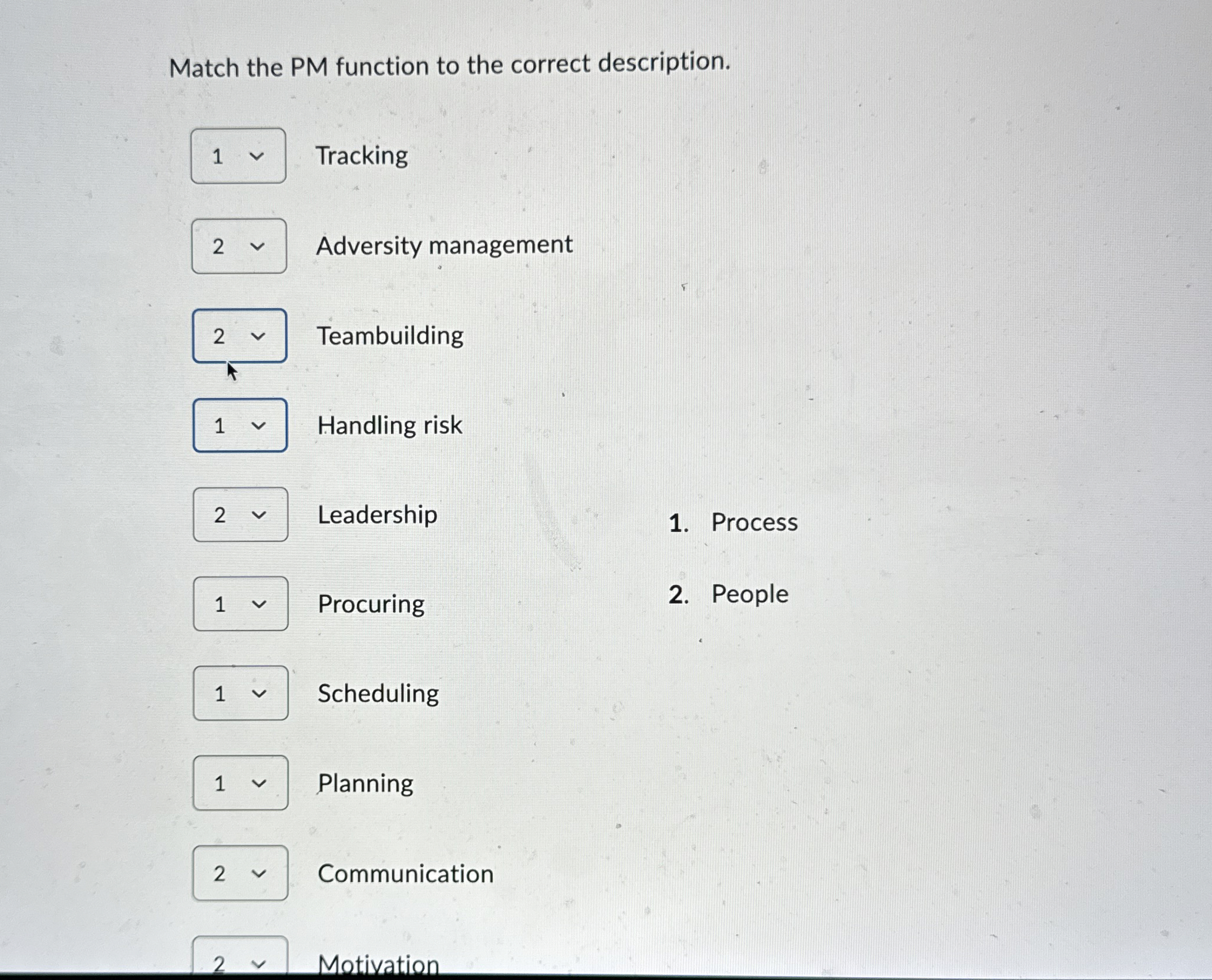  Match the PM function to the correct description. Tracking Adversity management
