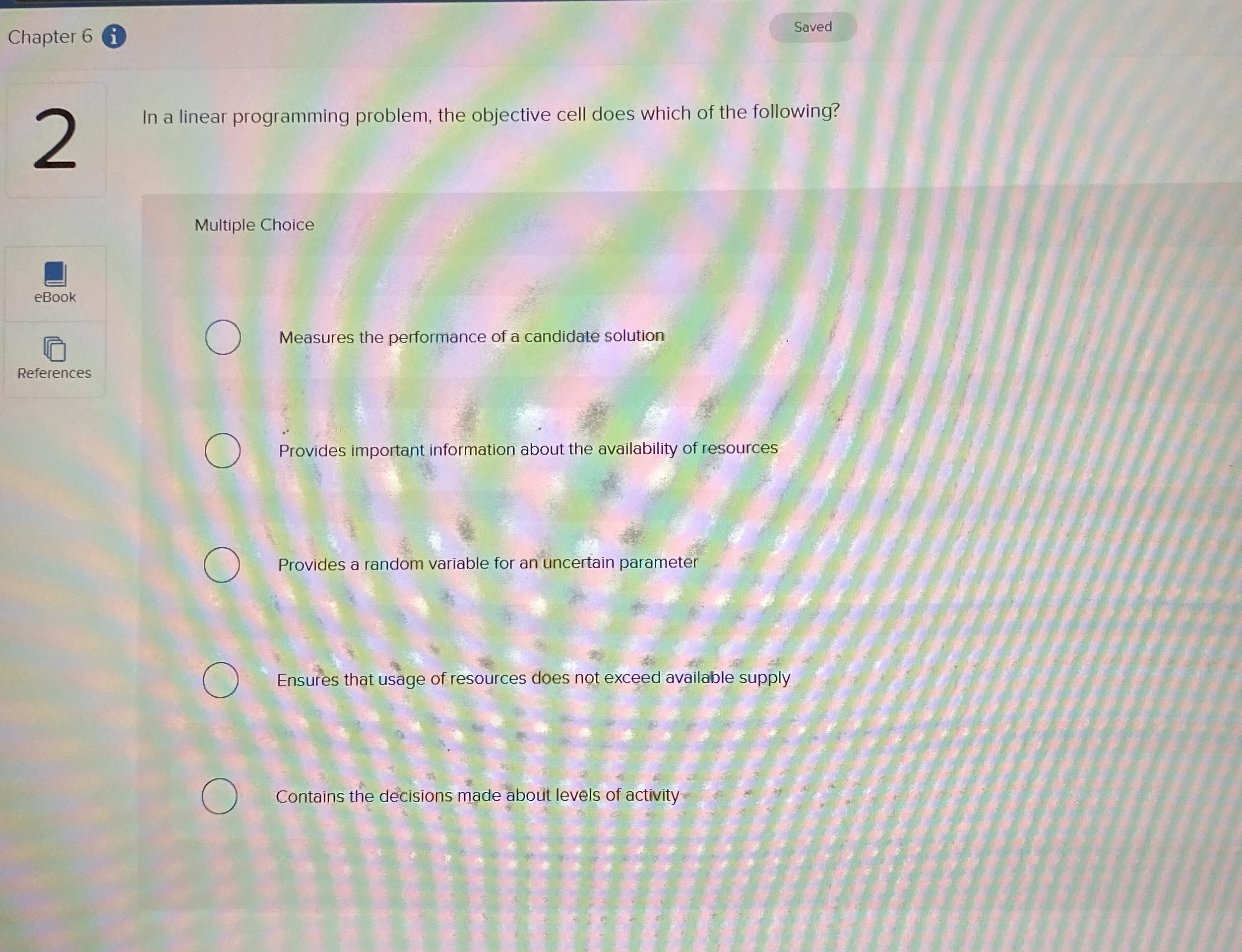  In a linear programming problem, the objective cell does which of